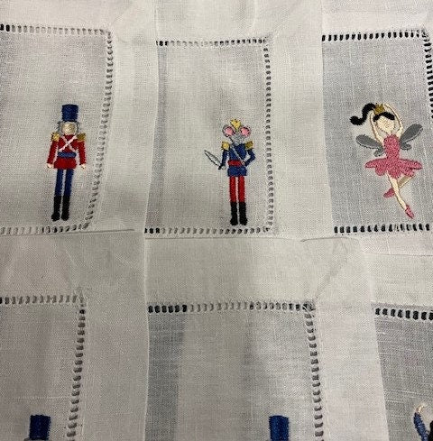 Nutcracker Christmas cocktail napkins , embroidered cocktail napkins, bar top napkins, Christmas themed cocktail napkins Nutcracker