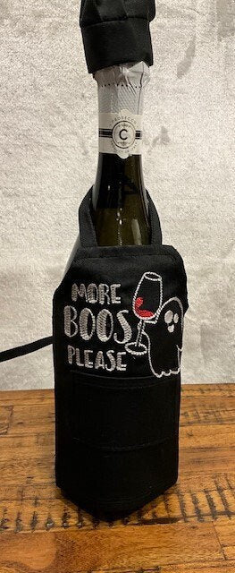 Halloween Wine Bottle Apron, Hallow's Eve Wine bottle cover, wine bottle cover, housewarming gift, wine bottle embroidery, More Boos please