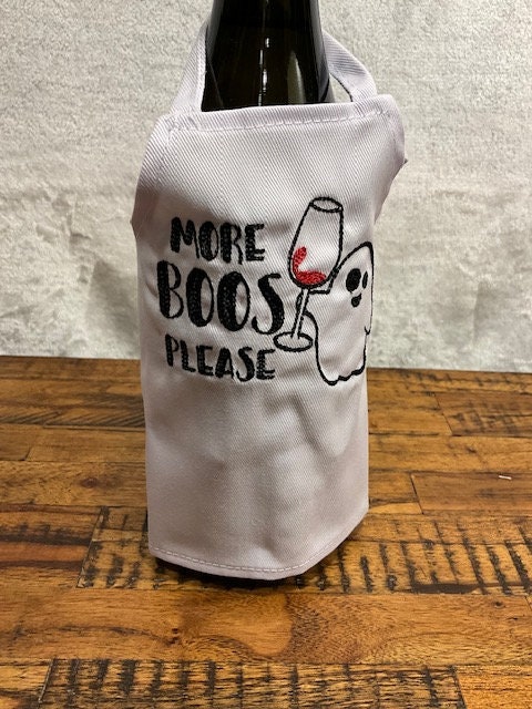 Halloween Wine Bottle Apron, Hallow's Eve Wine bottle cover, wine bottle cover, housewarming gift, wine bottle embroidery, More Boos please