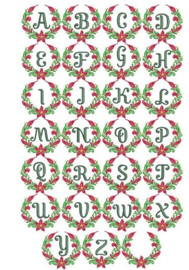 Alphabet letters 'A' to 'Z' with floral wreath designs on a white background