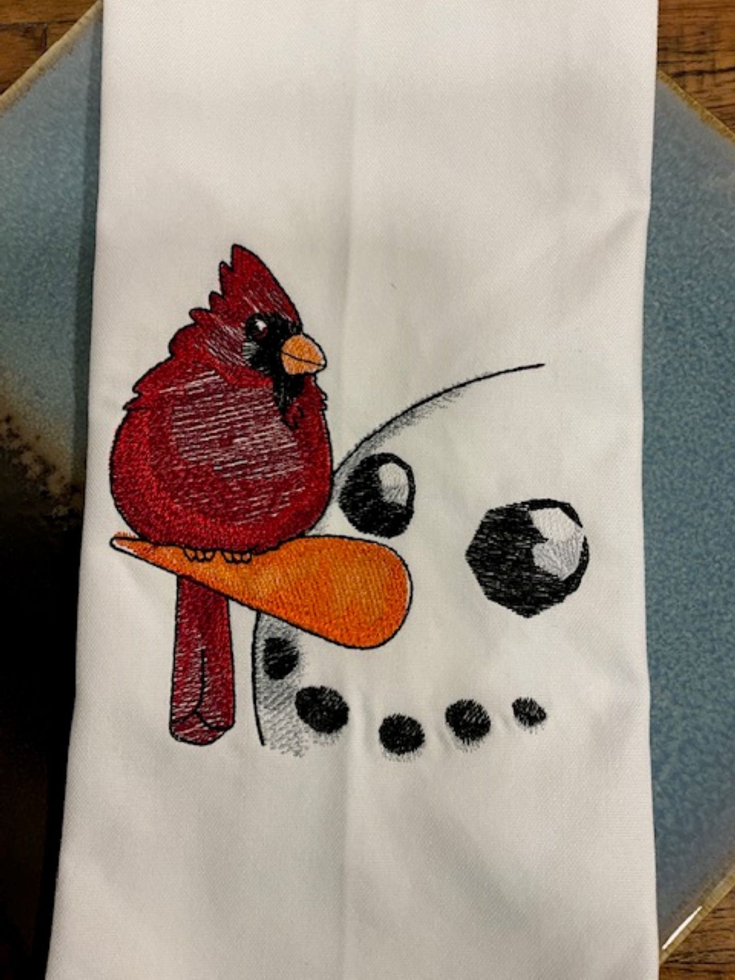 Cardinal with Snowman Tea Towel - Embroidered