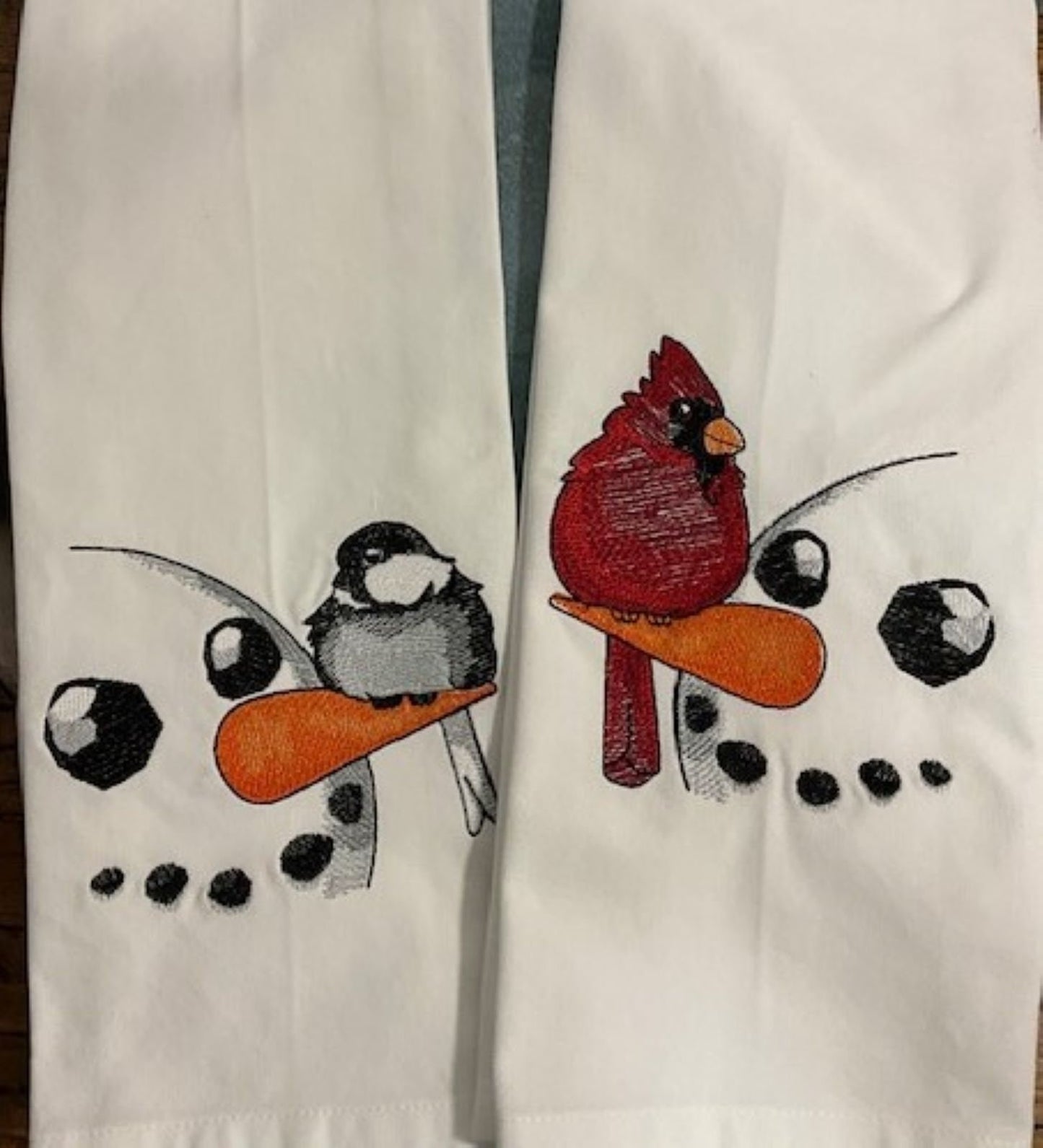 Cardinal with Snowman Tea Towel - Embroidered