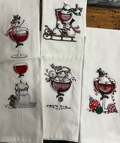 Boozy Snowmen Kitchen Tea Towel Embroidered, Customized, Personalized, snowman, Snowmen, white elephant gift