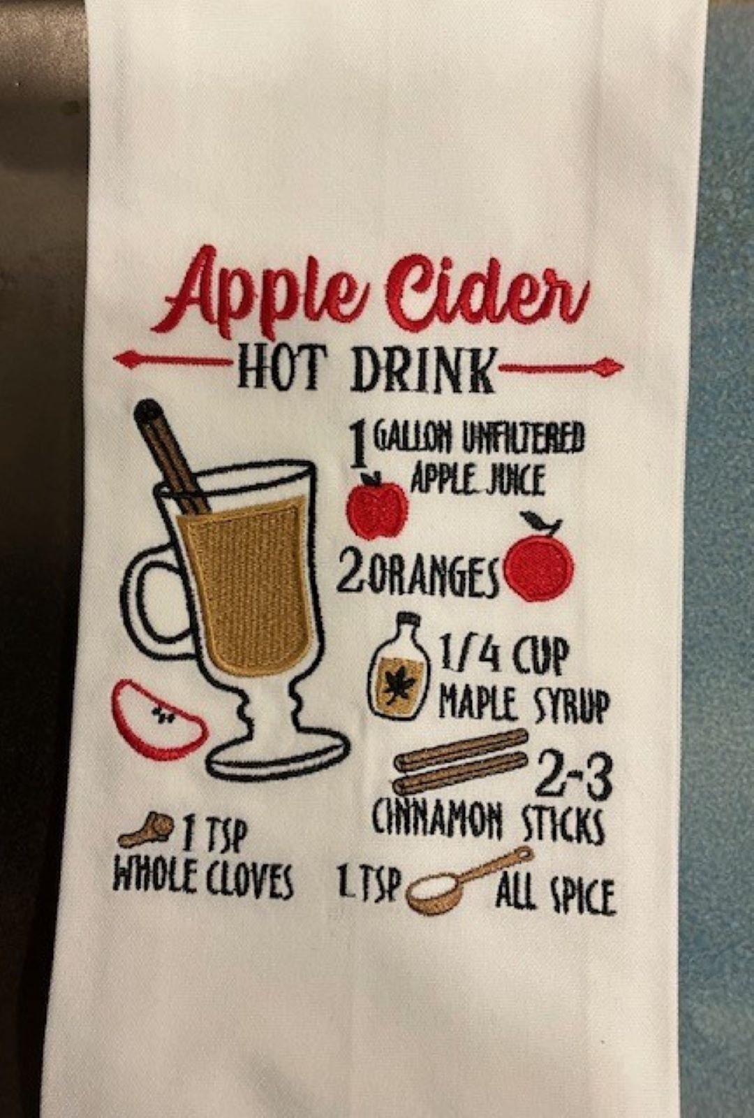 Pumpkin Pie, Pumpkin Spice Latte, Apple Cider Hot Drink Recipes, Apple Pie Cotton Kitchen Towels, Set of 4, embroidered Christmas home decor