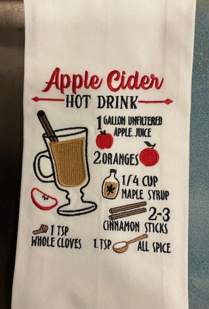 Pumpkin Pie, Pumpkin Spice Latte, Apple Cider Hot Drink Recipes, Apple Pie Cotton Kitchen Towels, Set of 4, embroidered Christmas home decor