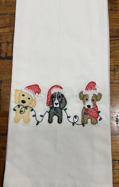 Christmas Dog Trio tea towel - embroidered