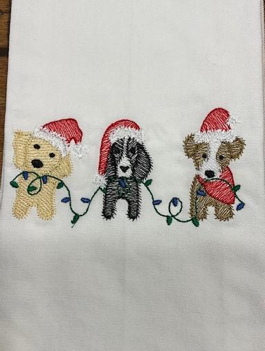 Christmas Dog Trio tea towel - embroidered