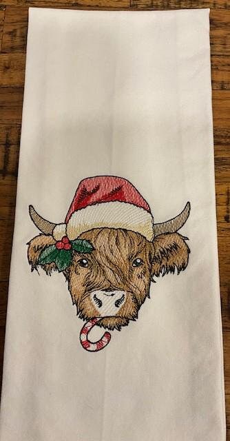 Christmas Highland Cow Tea Towel  - Embroidered