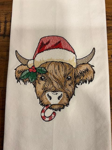Christmas Highland Cow Tea Towel  - Embroidered
