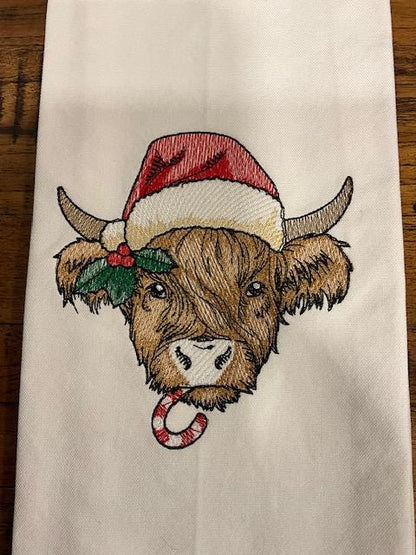 Christmas Highland Cow Tea Towel  - Embroidered