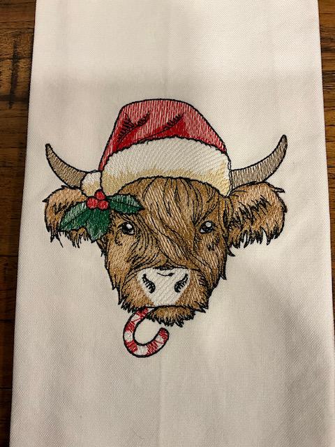 Christmas Highland Cow Tea Towel  - Embroidered