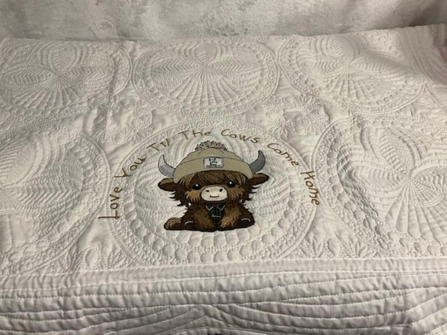 Baby Quilt, Highland Cow Quilt, Cow Train Quilt, Personalized Quilt, Embroidered baby blanket, Customized