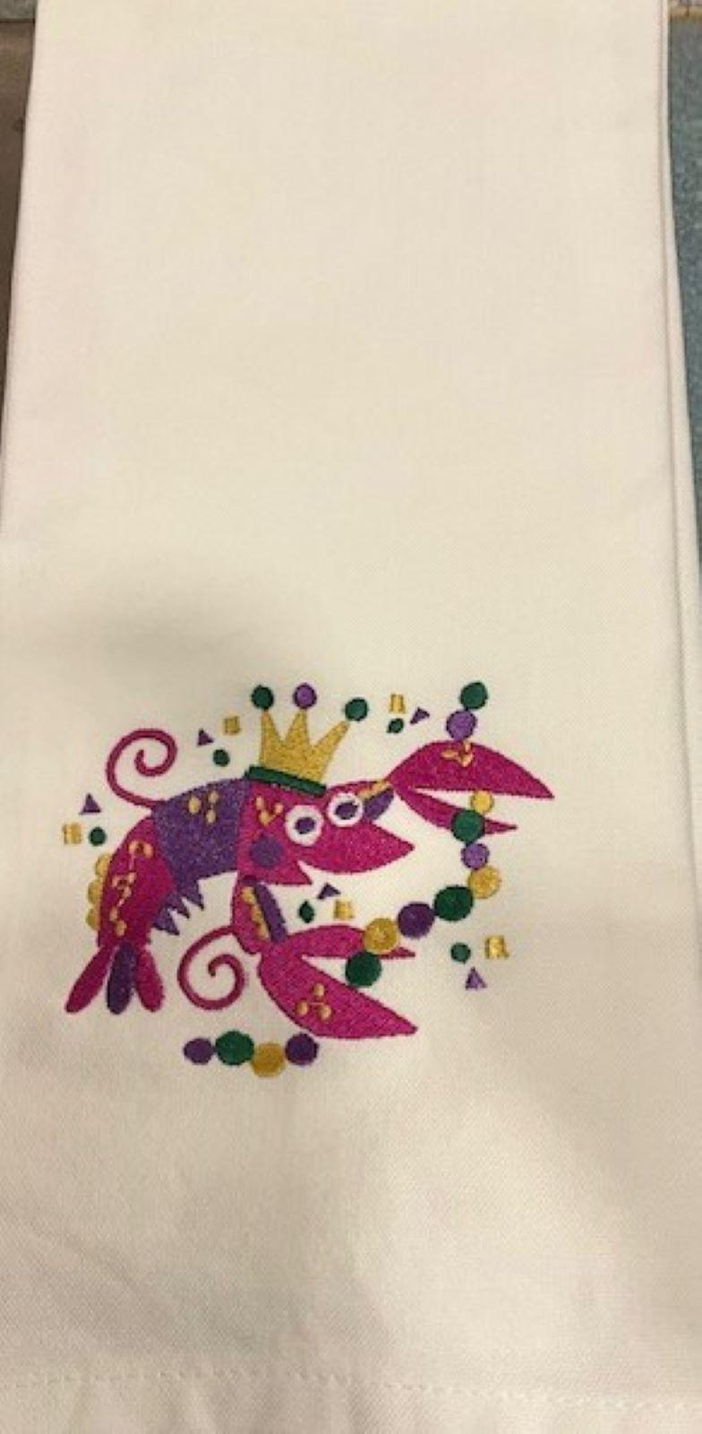 Mardi Gras Kitchen Tea Towel Mask, Float, saxophone, trumpet, Mardi Gras embroidered Louisiana Themed Gift, Courir de Mardi Gras