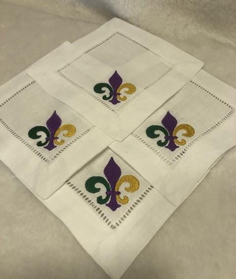Mardi Gras Alcohol themed Embroidered Cocktail Napkins, Boozy Cocktail Napkins set of 6, Bar Top Napkins, Fleur de Lis Mardi Gras
