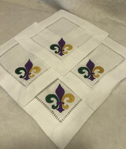Mardi Gras Alcohol themed Embroidered Cocktail Napkins, Boozy Cocktail Napkins set of 6, Bar Top Napkins, Fleur de Lis Mardi Gras