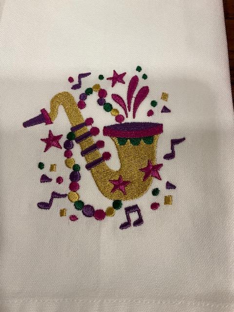 Mardi Gras Kitchen Tea Towel Mask, Float, saxophone, trumpet, Mardi Gras embroidered Louisiana Themed Gift, Courir de Mardi Gras