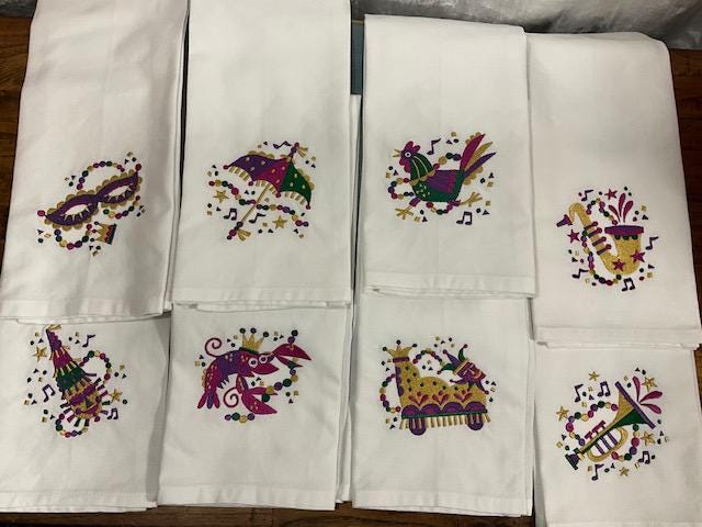 Mardi Gras Kitchen Tea Towel Mask, Float, saxophone, trumpet, Mardi Gras embroidered Louisiana Themed Gift, Courir de Mardi Gras