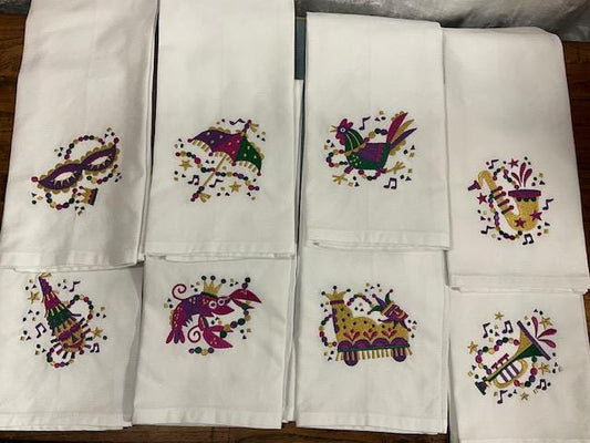 Mardi Gras Kitchen Tea Towel Mask, Float, saxophone, trumpet, Mardi Gras embroidered Louisiana Themed Gift, Courir de Mardi Gras