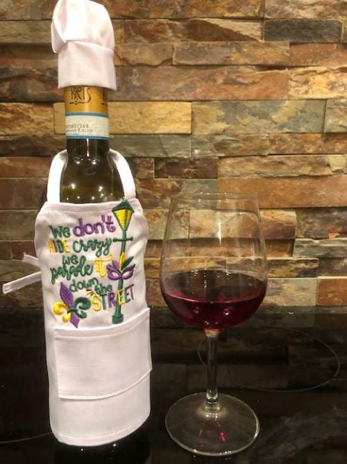 Mardi Gras Wine Bottle Apron, Fat Tuesday, Wine bottle Apron, Mardi Gras- personalized, embroidered, NOLA Party Favor, Festive Wine Apron
