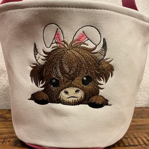 Highland Cow Easter Basket , Personalized Easter Highland Cow, with bunny ears embroidered, customized, personalized