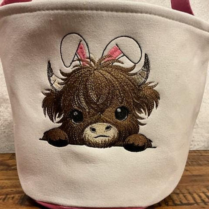 Highland Cow Easter Basket , Personalized Easter Highland Cow, with bunny ears embroidered, customized, personalized