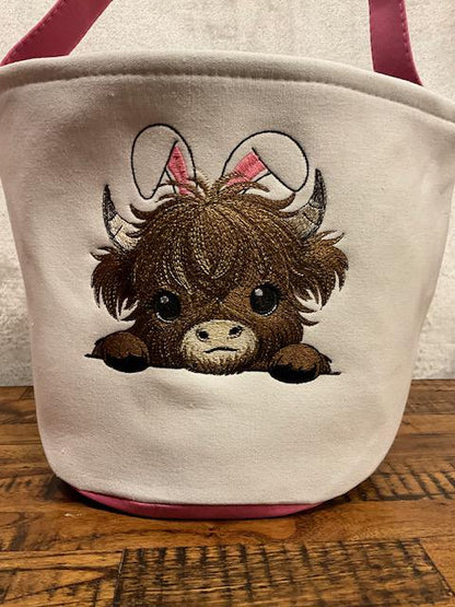 Highland Cow Easter Basket , Personalized Easter Highland Cow, with bunny ears embroidered, customized, personalized