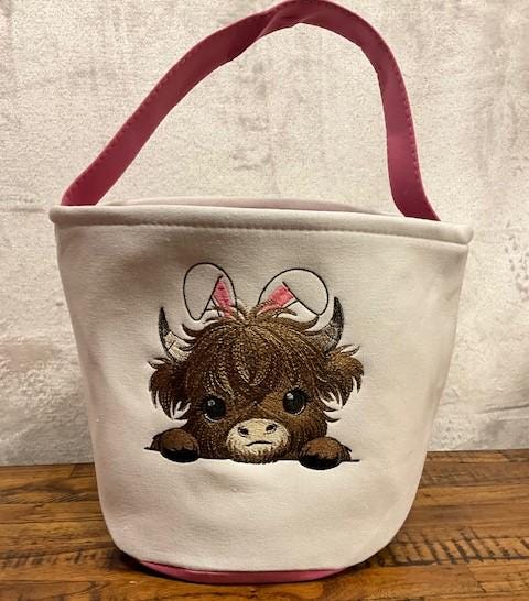Highland Cow Easter Basket , Personalized Easter Highland Cow, with bunny ears embroidered, customized, personalized