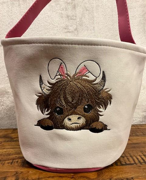 Highland Cow Easter Basket , Personalized Easter Highland Cow, with bunny ears embroidered, customized, personalized