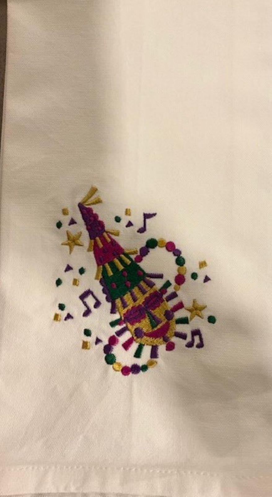 Mardi Gras Kitchen Tea Towel Mask, Float, saxophone, trumpet, Mardi Gras embroidered Louisiana Themed Gift, Courir de Mardi Gras