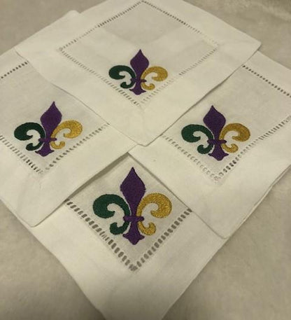 Mardi Gras Alcohol themed Embroidered Cocktail Napkins, Boozy Cocktail Napkins set of 6, Bar Top Napkins, Fleur de Lis Mardi Gras