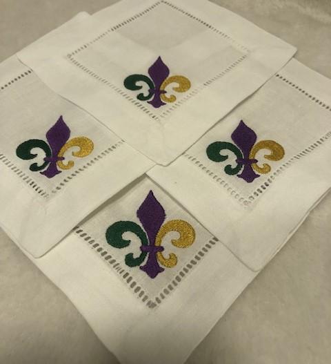 Mardi Gras Alcohol themed Embroidered Cocktail Napkins, Boozy Cocktail Napkins set of 6, Bar Top Napkins, Fleur de Lis Mardi Gras