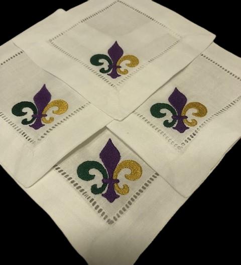 Mardi Gras Alcohol themed Embroidered Cocktail Napkins, Boozy Cocktail Napkins set of 6, Bar Top Napkins, Fleur de Lis Mardi Gras