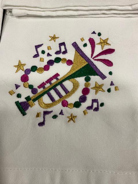 Mardi Gras Kitchen Tea Towel Mask, Float, saxophone, trumpet, Mardi Gras embroidered Louisiana Themed Gift, Courir de Mardi Gras