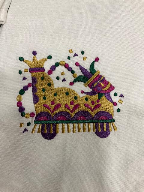 Mardi Gras Kitchen Tea Towel Mask, Float, saxophone, trumpet, Mardi Gras embroidered Louisiana Themed Gift, Courir de Mardi Gras