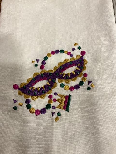Mardi Gras Kitchen Tea Towel Mask, Float, saxophone, trumpet, Mardi Gras embroidered Louisiana Themed Gift, Courir de Mardi Gras