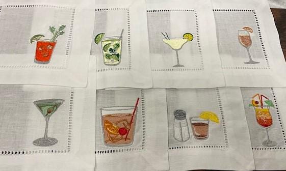 Alcohol themed Embroidered Cocktail Napkins, Boozy Cocktail Napkins set of 6, Bar Top Napkins, Tequila, Bloody Mary, Housewarming Gifts