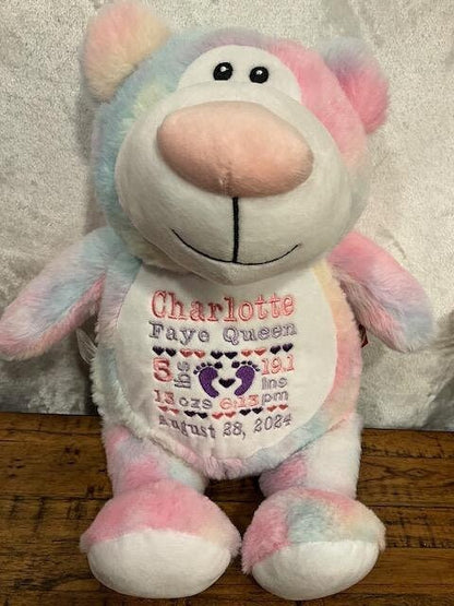 Personalized Birth Announcement Dog Plush - Embroidered Baby Keepsake