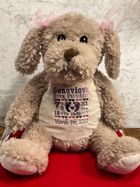 Personalized Birth Announcement Dog Plush - Embroidered Baby Keepsake