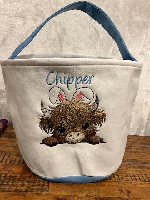 Highland Cow Easter Basket , Personalized Easter Highland Cow, with bunny ears embroidered, customized, personalized