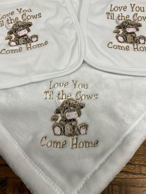 Highland Cow Baby Gift Set | Love You Til the Cows Come Home | Embroidered Bib, Burp Cloth & Lovie | Highland Cow Baby Gift