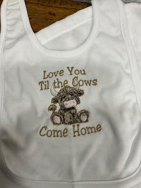 Highland Cow Baby Gift Set | Love You Til the Cows Come Home | Embroidered Bib, Burp Cloth & Lovie | Highland Cow Baby Gift
