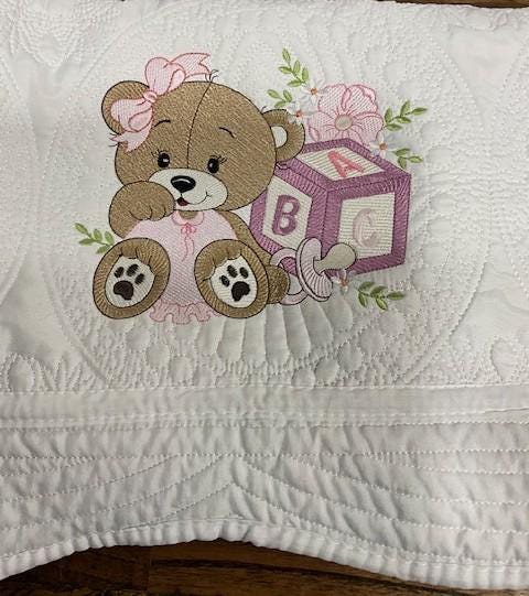 Pink Baby Girl Bear Quilt | Embroidered Bear with Blocks | Personalized Baby Blanket | Baby Shower Gift for Girls | Nursery Keepsake