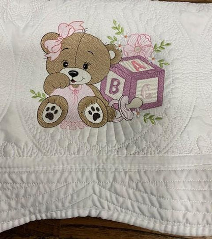 Pink Baby Girl Bear Quilt | Embroidered Bear with Blocks | Personalized Baby Blanket | Baby Shower Gift for Girls | Nursery Keepsake
