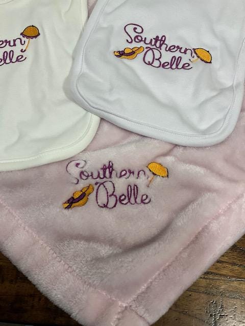 Southern Belle Baby Gift Set | Embroidered Bib, Burp Cloth and Lovie | Umbrella & Hat Design | Southern Baby Shower Gift