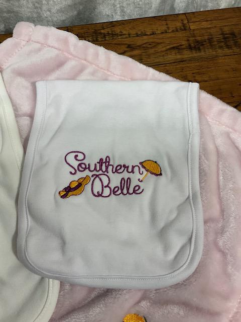 Southern Belle Baby Gift Set | Embroidered Bib, Burp Cloth and Lovie | Umbrella & Hat Design | Southern Baby Shower Gift