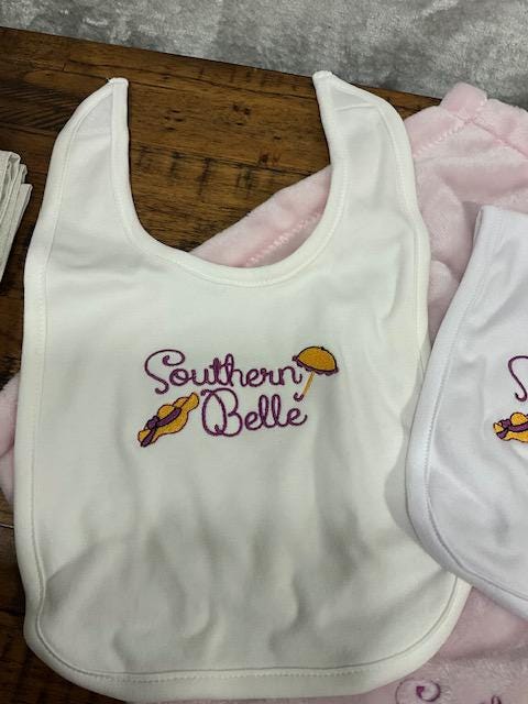 Southern Belle Baby Gift Set | Embroidered Bib, Burp Cloth and Lovie | Umbrella & Hat Design | Southern Baby Shower Gift