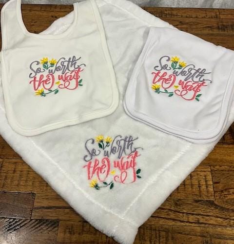 So Worth the Wait Baby Gift Set | Embroidered Bib, Burp Cloth & Lovie | Gender Neutral Baby Shower Gift | Choose Your Pieces