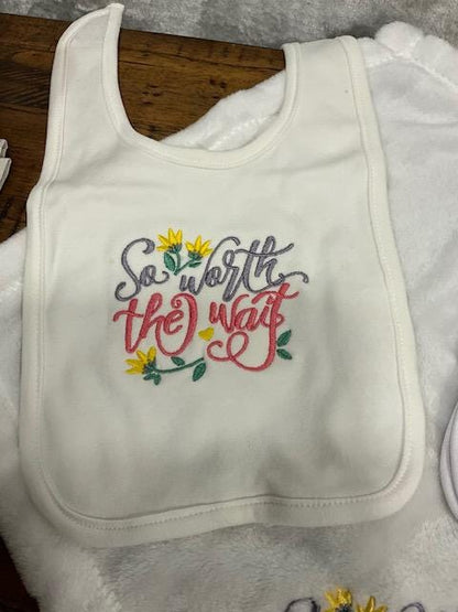 So Worth the Wait Baby Gift Set | Embroidered Bib, Burp Cloth & Lovie | Gender Neutral Baby Shower Gift | Choose Your Pieces
