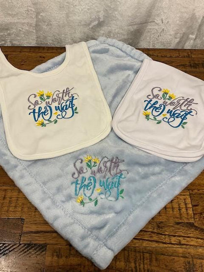 So Worth the Wait Baby Gift Set | Embroidered Bib, Burp Cloth & Lovie | Gender Neutral Baby Shower Gift | Choose Your Pieces