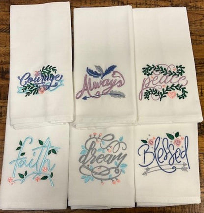 Inspirational Embroidered Cloth Napkins – Set of 6 | Faith, Courage, Dream & More | Elegant Dinner Napkins with Positive Words